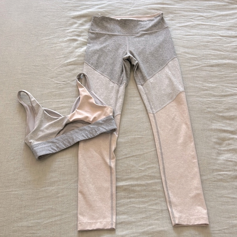 Outdoor Voices Colorblock Light Gray and Blush Leggings with Matching Sports Bra